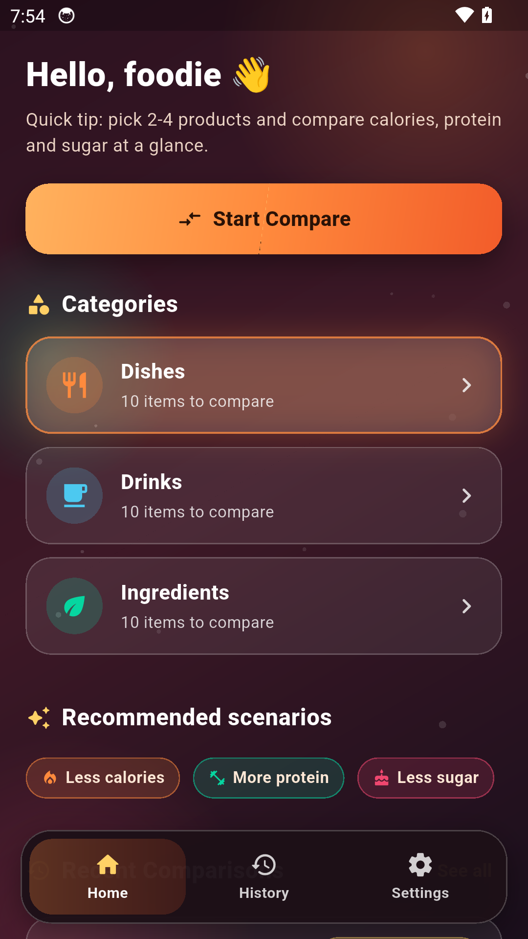 Foodie Compare categories screen